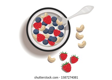 Tasty homemade granola, muesli with yogurt, olive and berries Healthy breakfast Vector Illustration