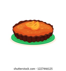 Tasty homemade pie with jam and slices of persimmon on top. Delicious fruit dessert. Sweet food theme. Flat vector icon