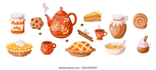 Tasty homemade snacks and drinks of autumn products 2D cartoon objects set. Organic food for fall season flat line vector icons on white