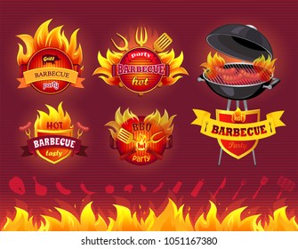 Tasty hot barbecue, BBQ grill party, set of icons, flaming labels with forks and spatulas, BBQ with roast sausages, barbecue utensil and ingredients set