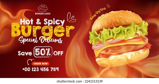 Tasty hot burger banner ads with burning fire