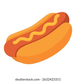 Tasty hot dog with sausage and mustard in a fluffy bun. Flat cartoon food illustration.