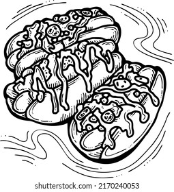 Tasty hot dog with toppings souses. Fatty unhealthy street food. Junk snack for lunch, party, to go. Cafe logo, restaurant menu. Hand drawn cartoon style vector illustration. Line drawing.
