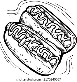 Tasty hot dog with toppings souses. Fatty unhealthy street food. Junk snack for lunch, party, to go. Cafe logo, restaurant menu. Hand drawn cartoon style vector illustration. Line drawing.
