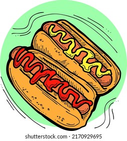 Tasty hot dog with toppings souses. Fatty unhealthy street food. Junk snack for lunch, party, to go. Logo for cafe, restaurant menu. Hand drawn cartoon style vector illustration. Line drawing.