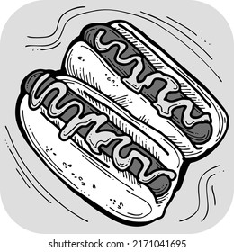 Tasty hot dog with toppings souses. Fatty unhealthy street food. Junk snack for lunch, party, to go. Logo for cafe, restaurant menu. Hand drawn cartoon style vector illustration. Line drawing.