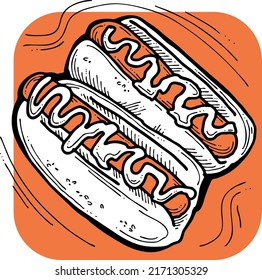 Tasty hot dog with toppings souses. Fatty unhealthy street food. Junk snack for lunch, party, to go. Logo for cafe, restaurant menu. Hand drawn cartoon style illustration. Line drawing.
