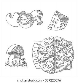 Tasty hot Italian pizza with olive, cheese, ham, mushroom and tomato sketch  drawing. 
For fast food, restaurant and  cafe design