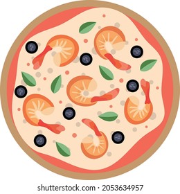 Tasty hot pizza vector isolated. Traditional italy pizza with olive cheese mozzarella shrimps and seafood, sea ingridient. Shrimp pizza 