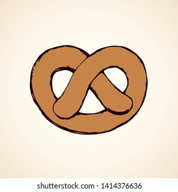 Tasty hot soft crust seed lye twist shape on white backdrop. Freehand line black ink hand drawn logo pictogram emblem design sketchy in art retro doodle cartoon style pen on paper and space for text