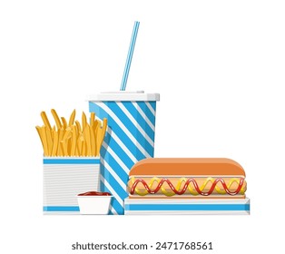 Tasty hotdog, blue striped paper glass with drinking straw, french fries in white paper box. Cup of cola with fries and sausage in bun. Fast food. Vector illustration in flat style