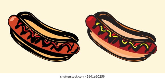 Tasty hotdog bun illustration in a fun, hand-drawn style featuring sausage, lettuce, and toppings. Perfect for menus, packaging, food branding, and playful culinary-themed designs.