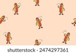 Tasty Hotdog funny fast food cartoon seamless patterned illustration. Happy Character Mascot Isolated. Delicious hotdogs doodle in an upright standing position with excellent thumbs up. Vector design.