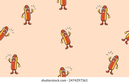 Leckere Hotdog lustige Fast Food Cartoon nahtlose gemusterte Illustration. Happy Charakter Maskottchen isoliert. Köstliche Hotdogs kritzeln in aufrechter Stehposition mit exzellentem Daumen nach oben. Vektorgrafik-Design.