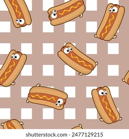 Tasty Hotdog funny fast food cartoon seamless patterned illustration. Happy Character Mascot Vector flat illustration. Delicious hotdogs doodle on brown plaid for hot dog lovers. 