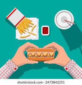 Sabroso hotdog, vidrio de papel a rayas rojas con paja para beber, papas fritas en caja de papel blanco. Taza de cola con papas fritas y perrito caliente. Hombre comiendo comida rápida. Vista superior. Ilustración vectorial en estilo plano