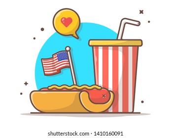 Tasty Hotdog with USA Independence Day Flag, Soda and Speech Bubble Vector Illustration. Flat Cartoon Style Suitable for Web Landing Page,  Banner, Flyer, Sticker, Wallpaper, Card, Background