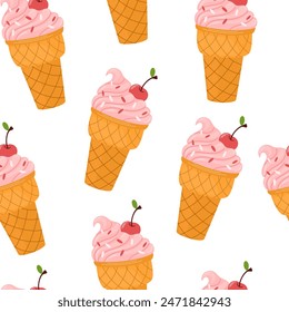 Tasty ice cream. Backdrop with delicious frozen creamy refreshing summer desserts. Hand drawn vector seamless pattern for fabric, textiles, wrapping paper, cover, banner