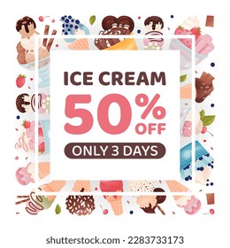 Tasty Ice Cream Banner Design with Frozen Dessert in Waffle Cone and Cup Vector Template