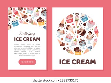 Tasty Ice Cream Banner Design with Frozen Dessert in Waffle Cone and Cup Vector Template