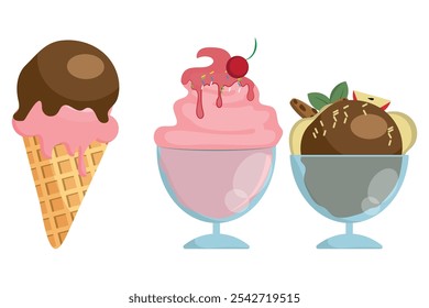 Geschmackvolle Eiscreme in Schale und Waffelkegel als gesüßtes Frozen Food Vector Set.