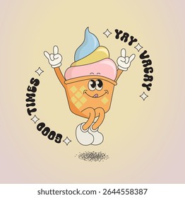 Sorvete saboroso personagem, engraçado verão comida-sundae, gelato. Feliz kawaii doce sorrindo e saltando delicadeza com diferentes gostos para crianças. Modelo para saudação, cartaz, folheto, ilustração web.Vetor