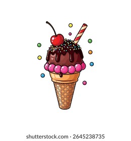 Tasty Ice Cream Cone with Chocolate Drizzle, Cherry, and Colorful Candies - Vector Illustration