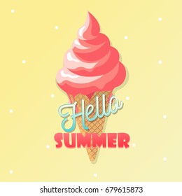 Tasty ice cream cone with hello summer lettering. Summer concept. Vector illustration