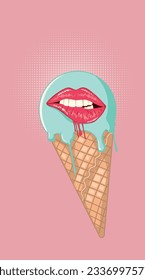 Tasty ice cream cone and pink female lips, retro illustration.