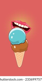 Tasty ice cream cone and pink female lips, retro illustration.