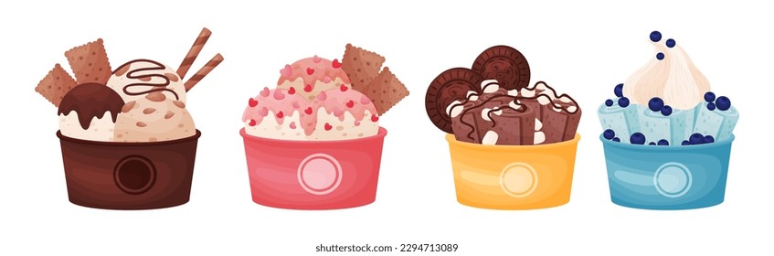 Tasty Ice Cream in Cup as Sweetened Frozen Food Vector Set