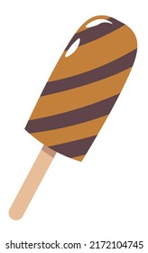 Tasty ice cream dessert on a wooden stick, isolated chocolate gelato with a creamy base. Refreshing summer meal, diary products bought in a shop. Homemade caramel taste. Vector in flat style