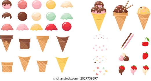 Tasty ice cream elements. Constructor of desserts, candies and cream balls. Wafer cones and chocolate. Sweets, strawberries, and sprinkles, different flavors.