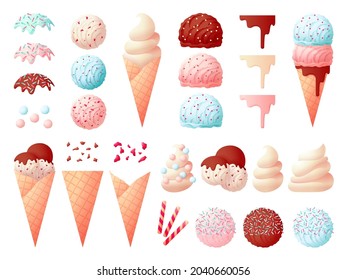 Tasty ice cream elements. Dessert constructor, candies and creamy balls. Waffle cones, liquid jam and chocolate. Isolated sweets swanky vector set