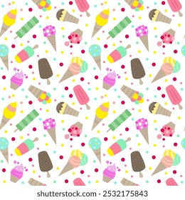 Sabroso helado de dibujos animados planos sin patrón. Ilustración vectorial. Colección de pegatinas dulces para comida callejera, confitería, bar, restaurantes, aperitivos.