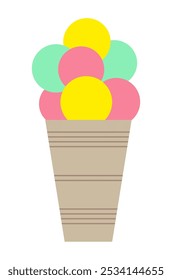 Icono aislado de dibujos animados planos de helado sabroso sobre fondo blanco. Ilustración vectorial. Etiqueta engomada dulce para la comida de la calle, confitería, bar, restaurantes, bocadillos.