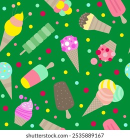 Sabroso helado de dibujos animados planos sin patrón. Ilustración vectorial. Colección de pegatinas dulces para comida callejera, confitería, bar, restaurantes, aperitivos.