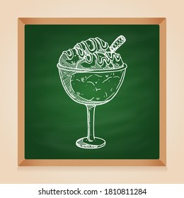 tasty ice cream in the glass with hand drawn style on chalkboard background