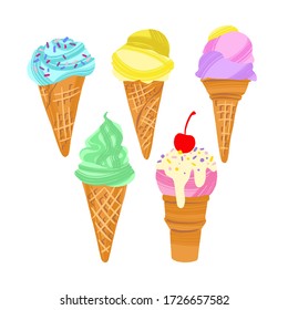 Tasty ice cream. Hand drawn colorful summer dessert set. Collection Ice cream cones with different topping isolated on white background. Vector decorative illustration in modern flat style.