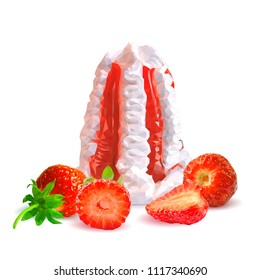 Tasty ice cream with jam. Coolness and freshness. Symbols of berries. Elements for label design. Vector illustration. Berries ingredients in triangulation technique. Ice cream low poly.