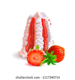 Tasty ice cream with jam. Coolness and freshness. Symbols of berries. Elements for label design. Vector illustration. Berries ingredients in triangulation technique. Ice cream low poly.