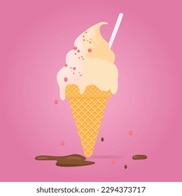 Tasty ice cream. Melting ice cream balls in the waffle cone. Vector illustration