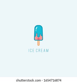 Tasty Ice cream or Popsicle or frozen ice. Summer dessert. Minimalistic Icon. Colored vector logo. Cartoon style, simple flat design. Trendy illustration. Icon is isolated on a blue background