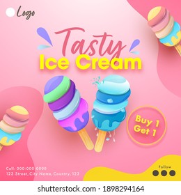 Tasty Ice Cream Poster Design In Pink Color With Buy 1 Get 1 Offer.