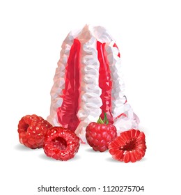 Tasty ice cream with raspberries jam. Coolness and freshness. Symbols of berries. Elements for label design. Vector illustration. Berries ingredients in triangulation technique. Ice cream low poly.