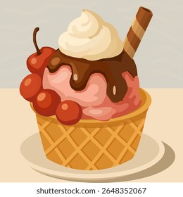 Tasty ice cream scoops in waffle cup with whipped cream, chocolate syrup, cherries and wafer stick. Flat vector dessert illustration with soft tones and delicious look.