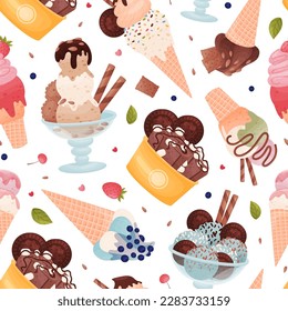 Tasty Ice Cream Seamless Pattern Design with Frozen Dessert in Waffle Cone and Cup Vector Template