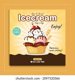 Tasty Ice cream social media post. Ice-cream vector template 