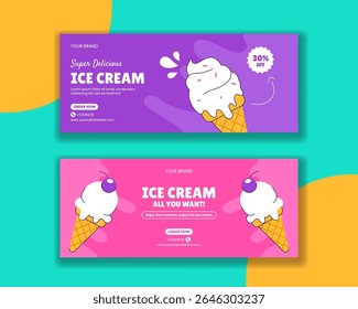 Tasty Ice Cream Social Media Banner in Flat Hand Drawn Cartoon Style Illustration