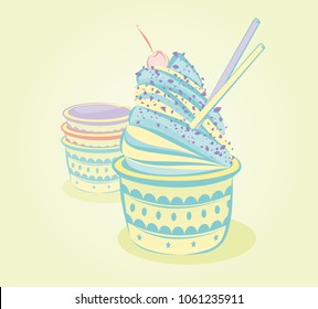 Tasty ice cream sundae in retro pastel colors with sticks and cherry on top against light green background